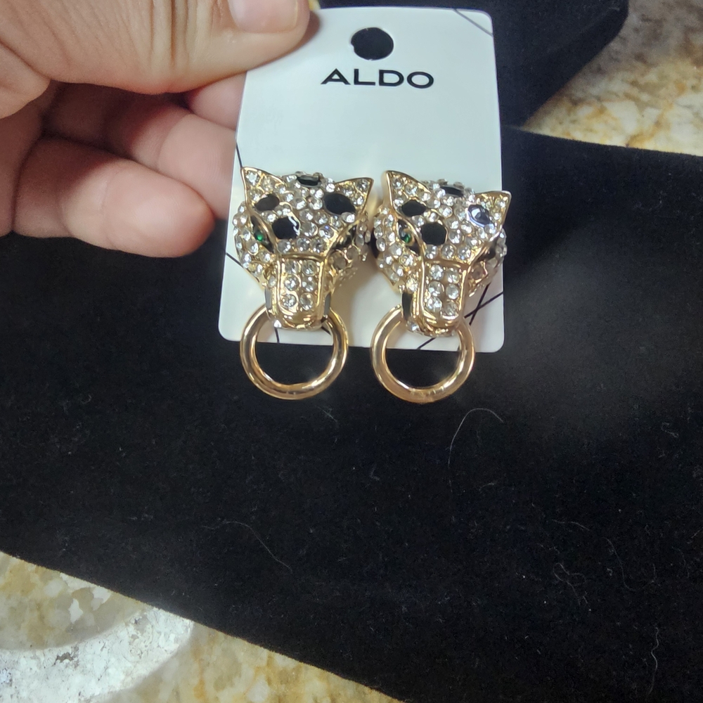 ALDO Gold Leopard Head Hoop Drop Earrings with Black and Green Stones